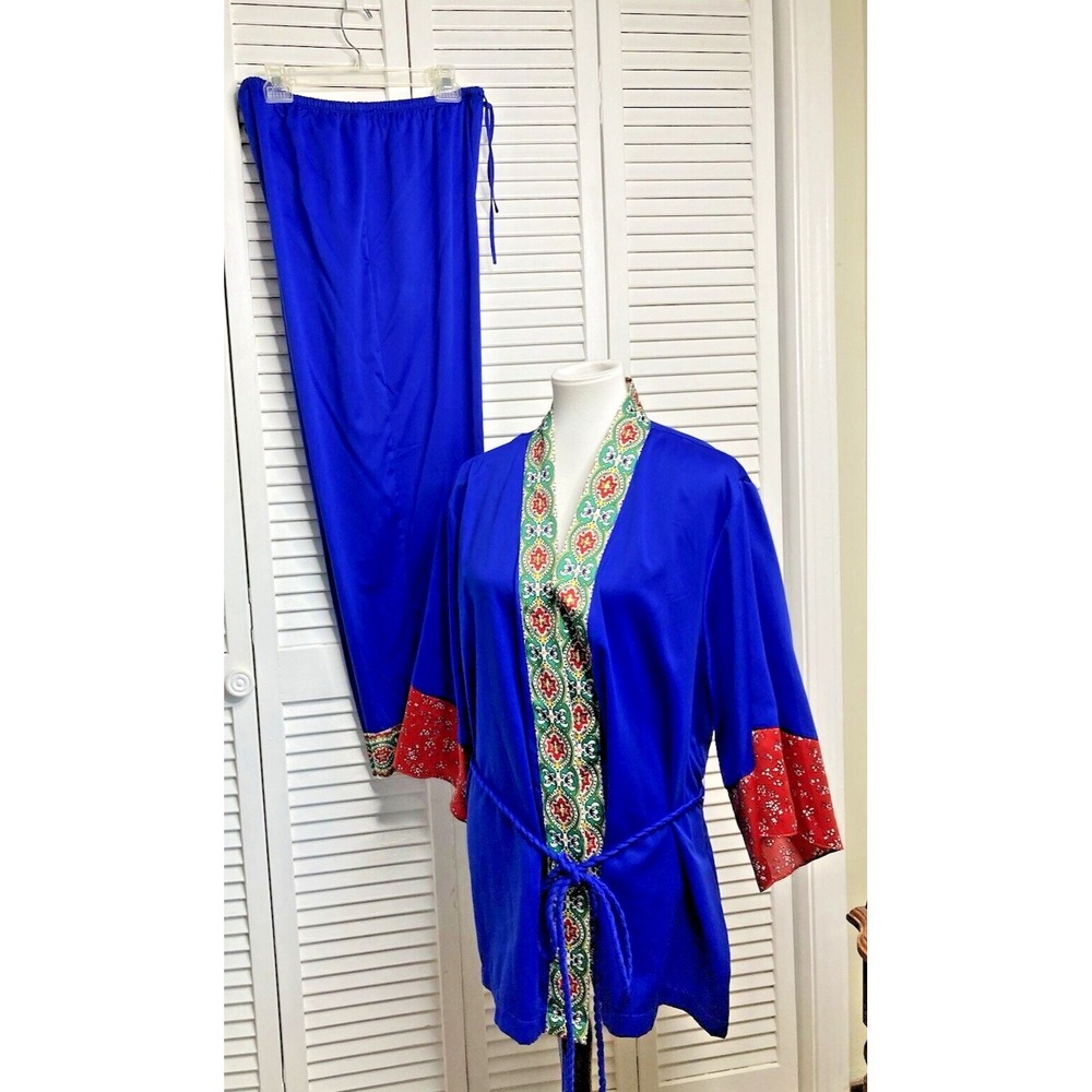 Cabernet Womens Pajama‎ Set L Kimono Blue Floral Embroidered Satin Hostess